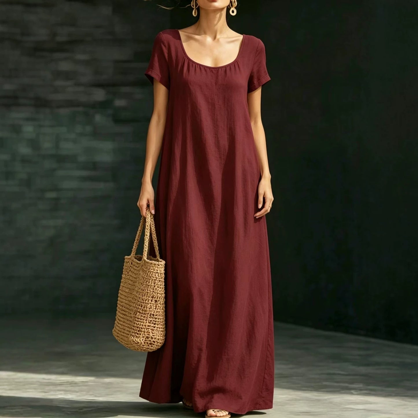 Women's Summer Collar Sleeve Loose Swing Casual Solid Dress