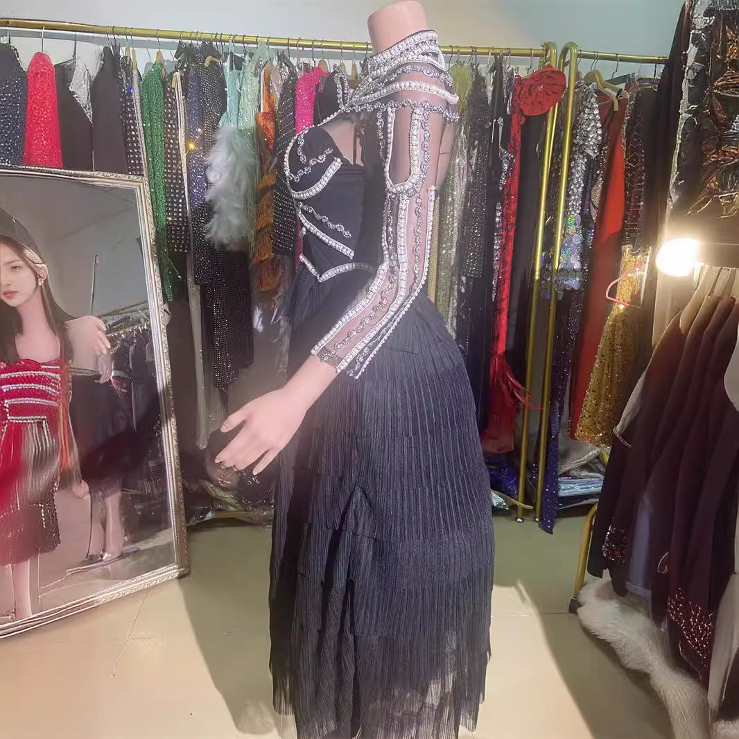 Beaded Mesh Long Sleeve Diamond Slim Dresses