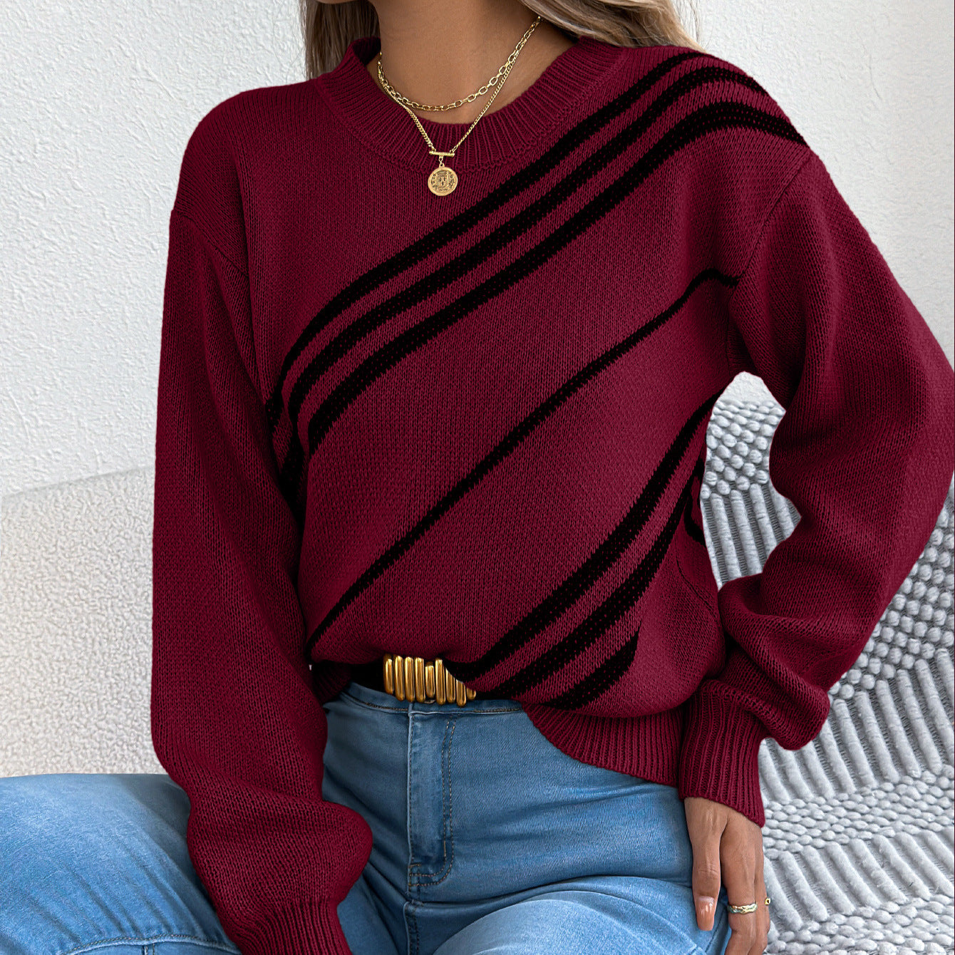 Women's Casual Striped Round Neck Lantern Long Clothing
