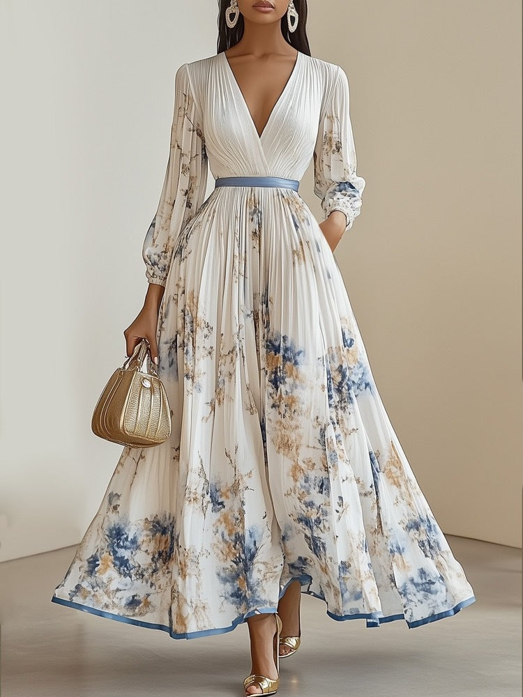 Women's Digital Printed Collar Long Sleeve Pleated Dresses