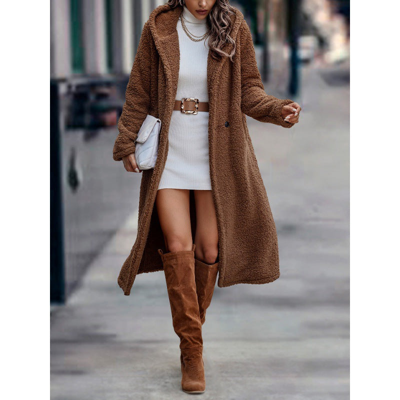 Women's Fashion Long Solid Color Sleeve Plush Coats
