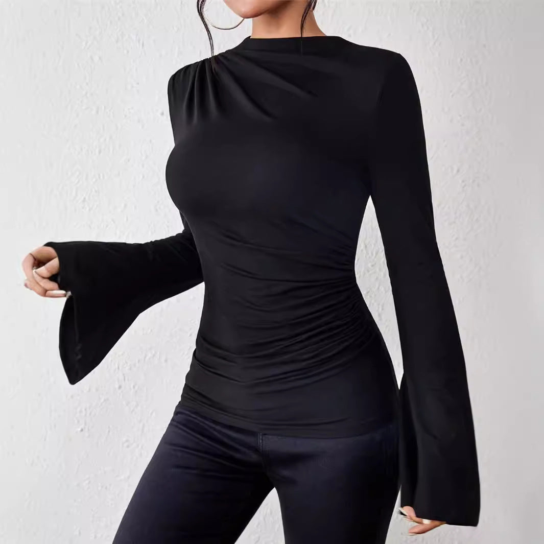 Women's Design Sense Bell Sleeve Stand-up Collar Slim Blouses