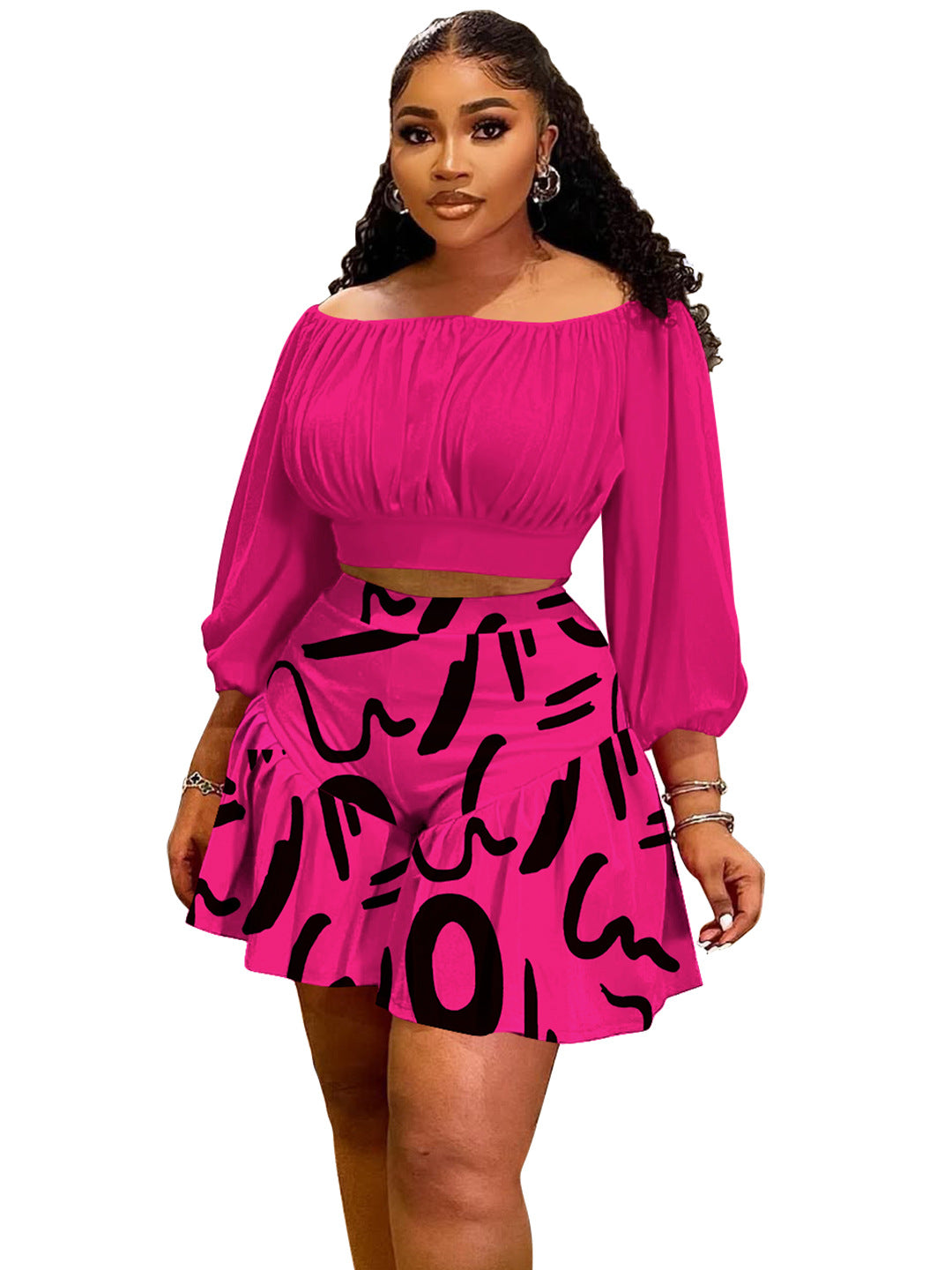 Women's Pleated Fluffy Waist Trimming Casual Two-piece Plus Size