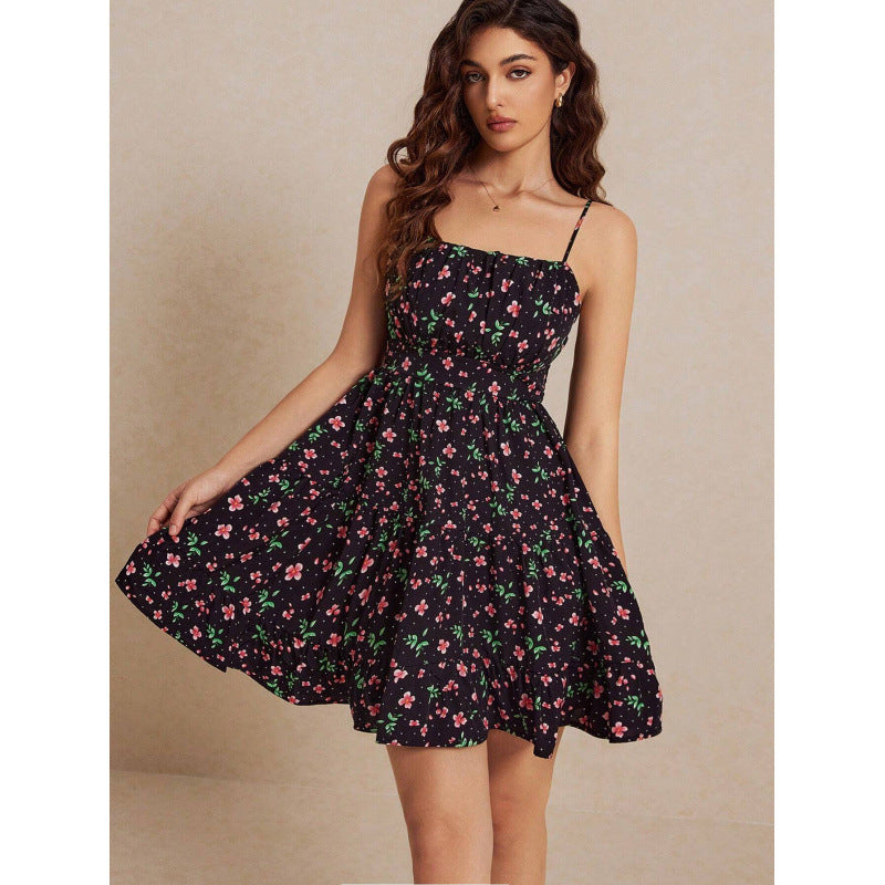 Unique Classy Elegant Floral Strap Smocking Dress