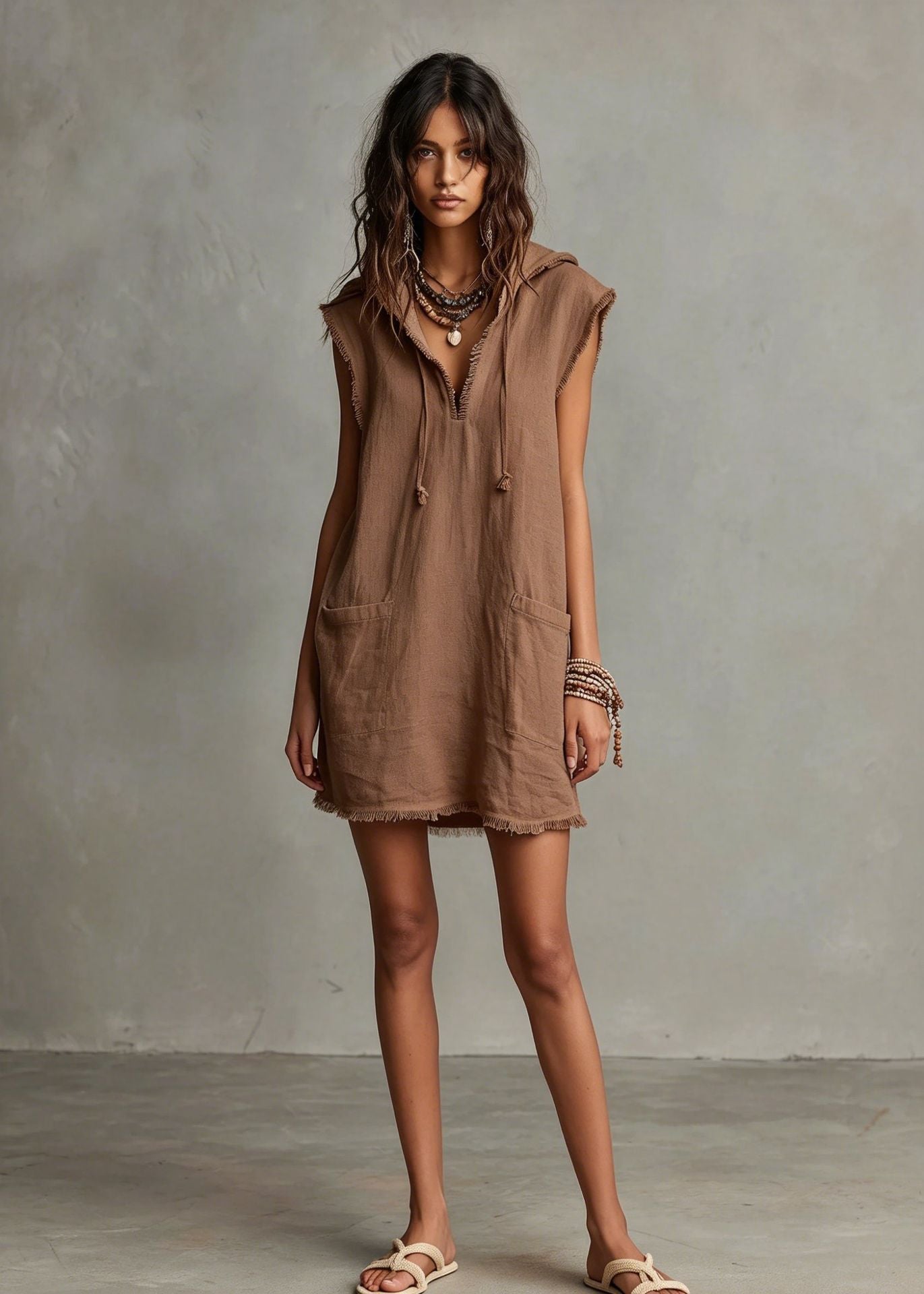 Women's Minimalist Linen Blended Mini Hooded Sleeveless Frayed Dress