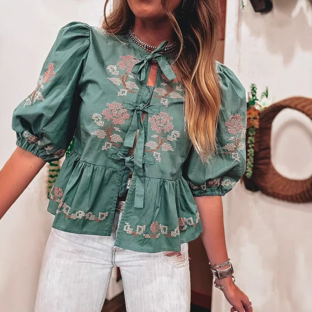 Women's Comfortable Russian Embroidered Short-sleeved Shirt Tops