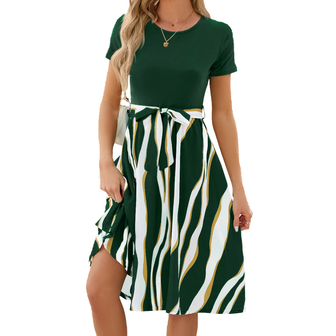 Round Neck Stitching Printing Sleeve Large Dresses