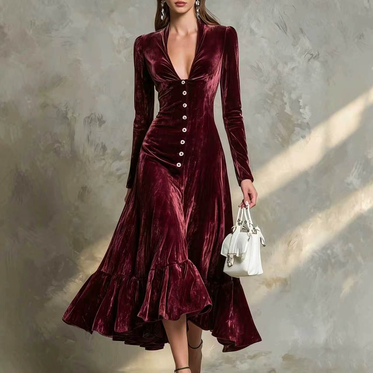 Solid Color Buttons Lapel Long Sleeve Waist Dress