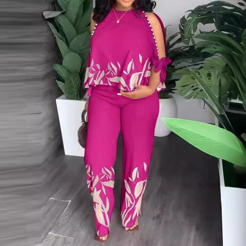 Women's Neck Bead Raglan Sleeve T-shirt Trousers Suits