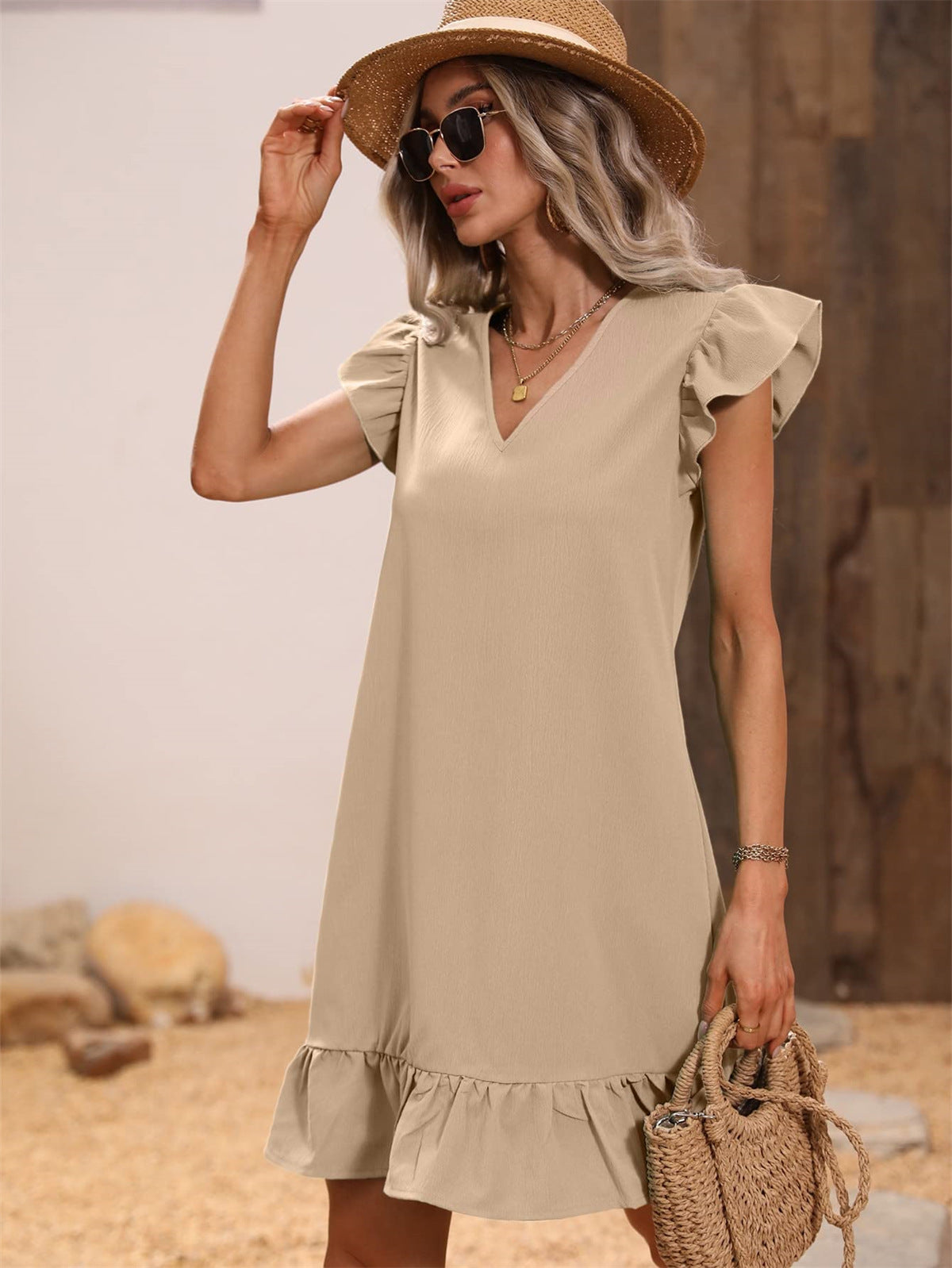 Women's Collar Ruffle Sleeve Loose Waist Dress