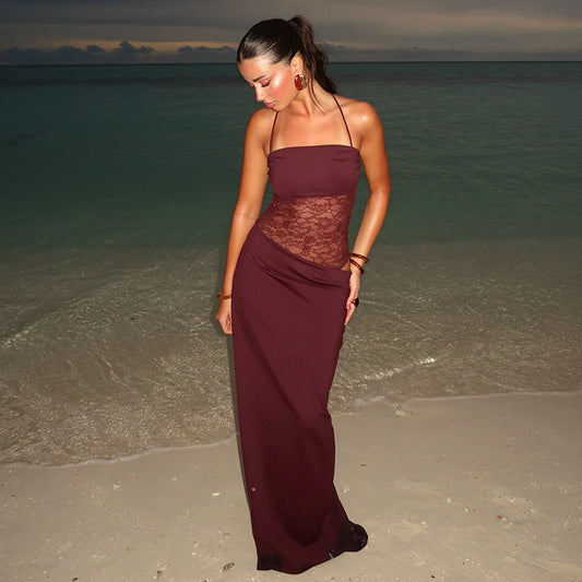 Women's Lace Splicing Sling Rope Midriff Outfit Dresses