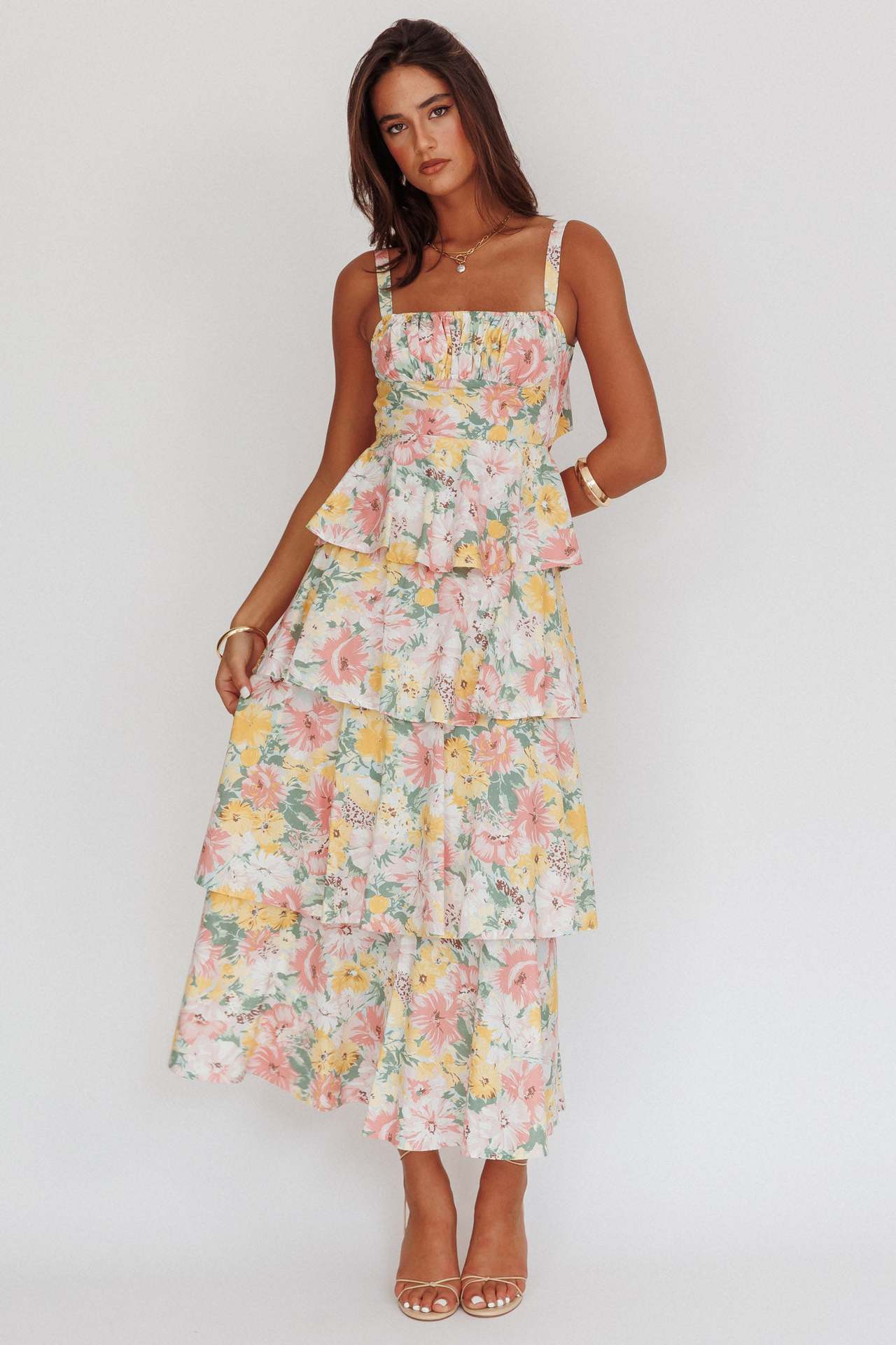 Women's Waist Trimming Spaghetti Straps Printed Long Dresses