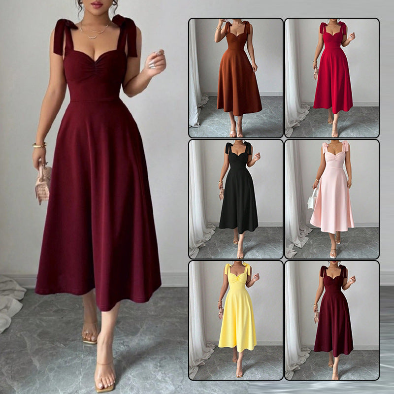Summer Solid Color Suspender Waist Slimming Elegant Dress