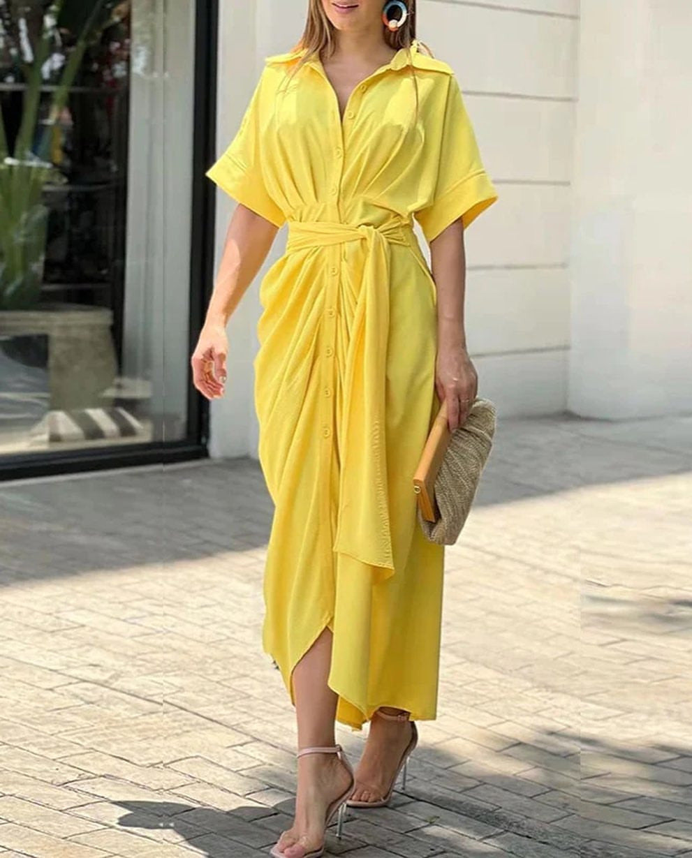 Women's Mid-length Sleeve Single-breasted High Waist Shirt Dresses