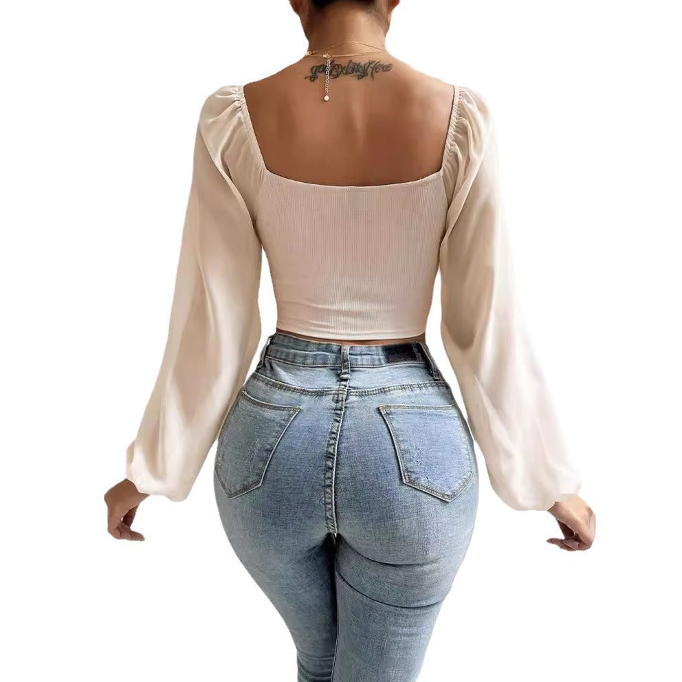 Women's Sexy Stitching Chiffon Drawstring Lantern Sleeve Tops