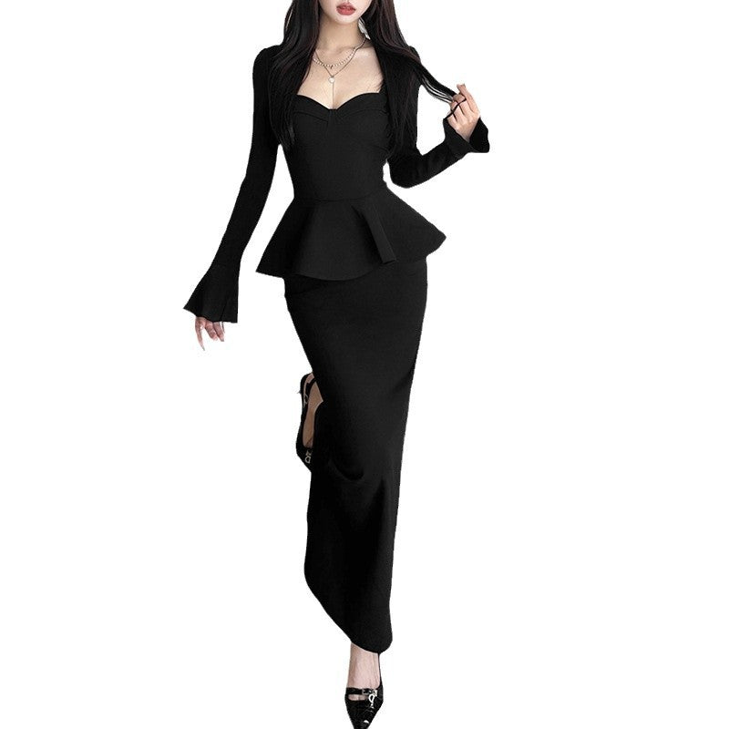 Women's Pure Color Ruffles Waist Decoration Long Dresses