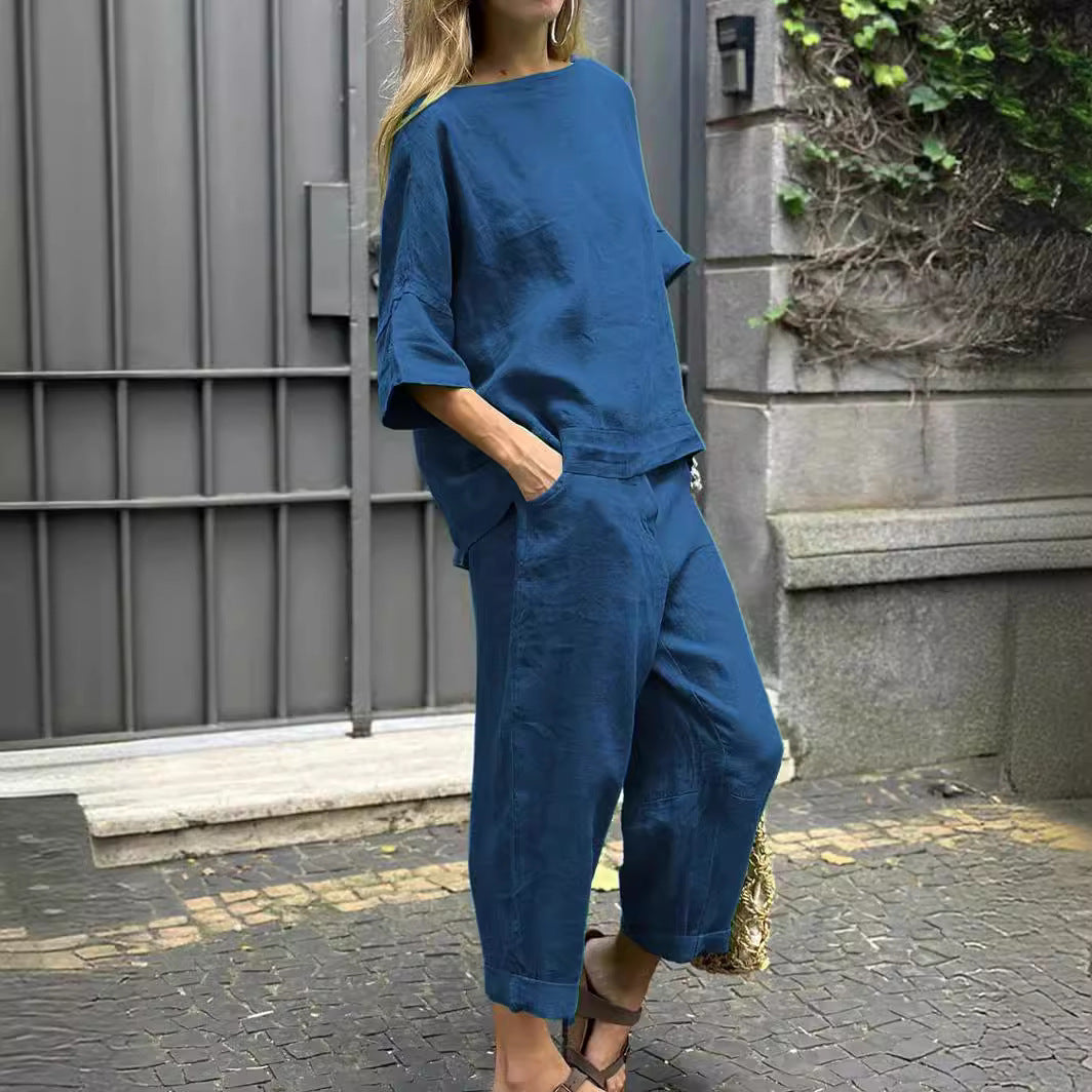 Women's Set Cotton Linen Shirt Outfit High Plus Size
