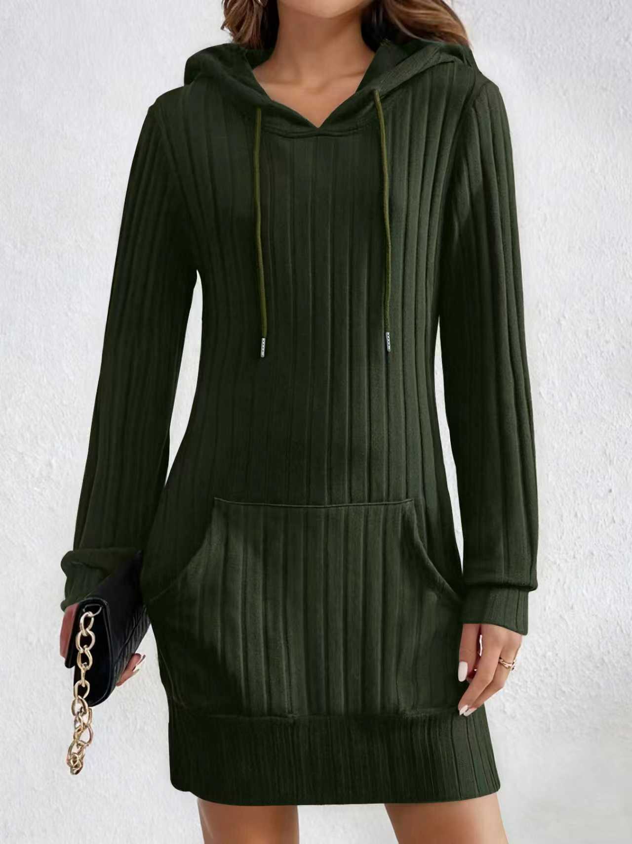 Women's Hooded Sunken Stripe Pocket Long Sleeve Clothing