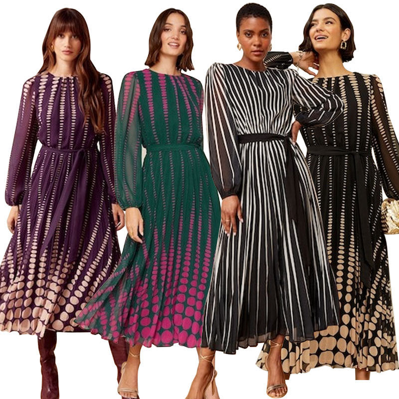 Women's Casual Long-sleeved Printed Pleated Fashion Large Dress