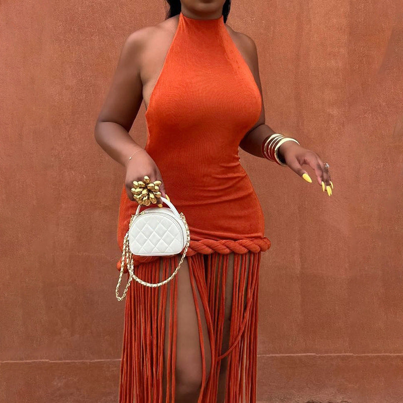 Women's Solid Color Tassel Design Sexy Halter Backless Slim Fit Dress