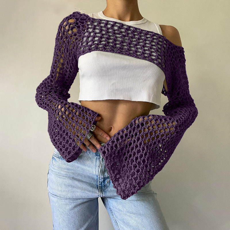 Women's Crochet Casual Bell Sleeve Sexy Mesh Women's Sweater