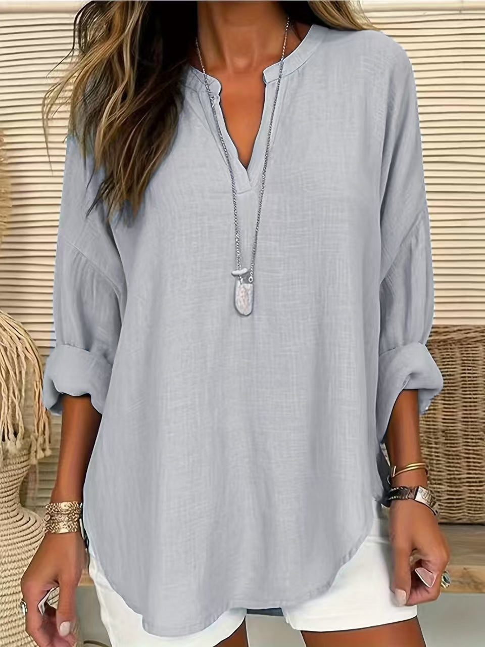 Women's Cotton Linen Solid Color Shirt Blouses