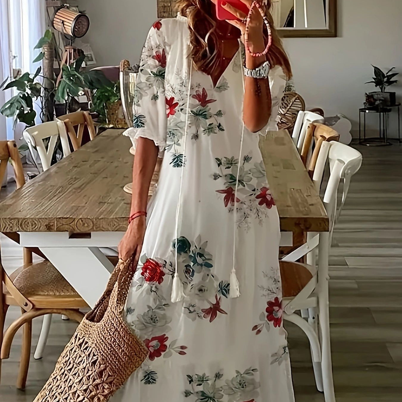 Vacation Style Flowers Summer Half Sleeves Leisure Dress
