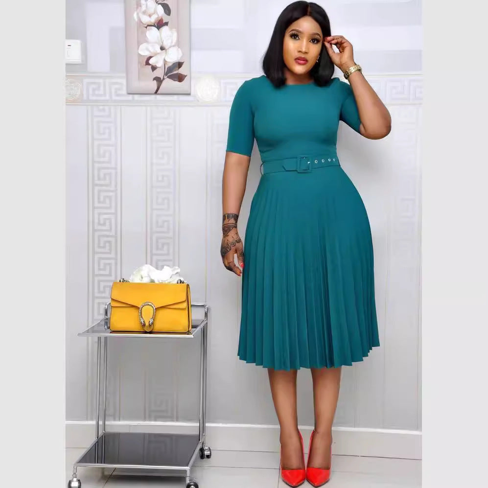 Versatile Women's African Solid Color Pleated Dress