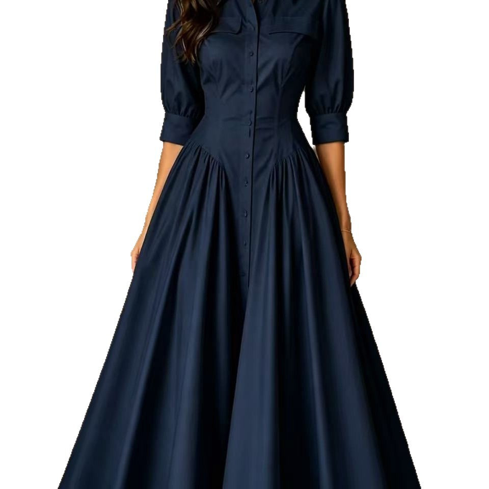 Linen Blended Breasted High Waist Pure Color Dress