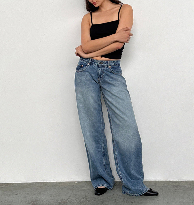 Women's Retro Low Waist Washed Straight Autumn Street Wide Leg Jeans