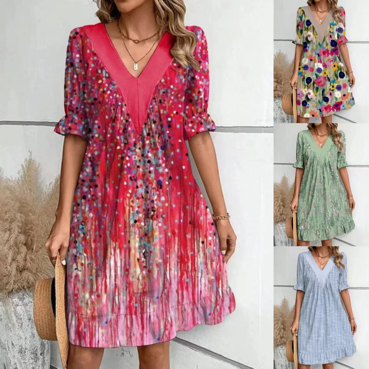 Women's Stitching Printed Ruffle Sleeve Fashionable Elegant Dress