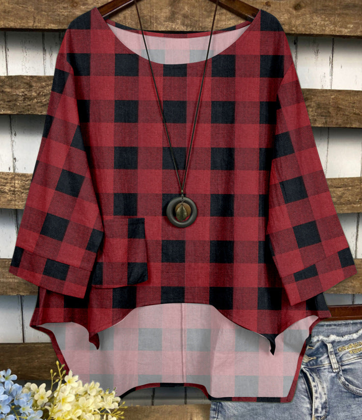 Summer Fashion Round Neck Pocket Solid Blouses