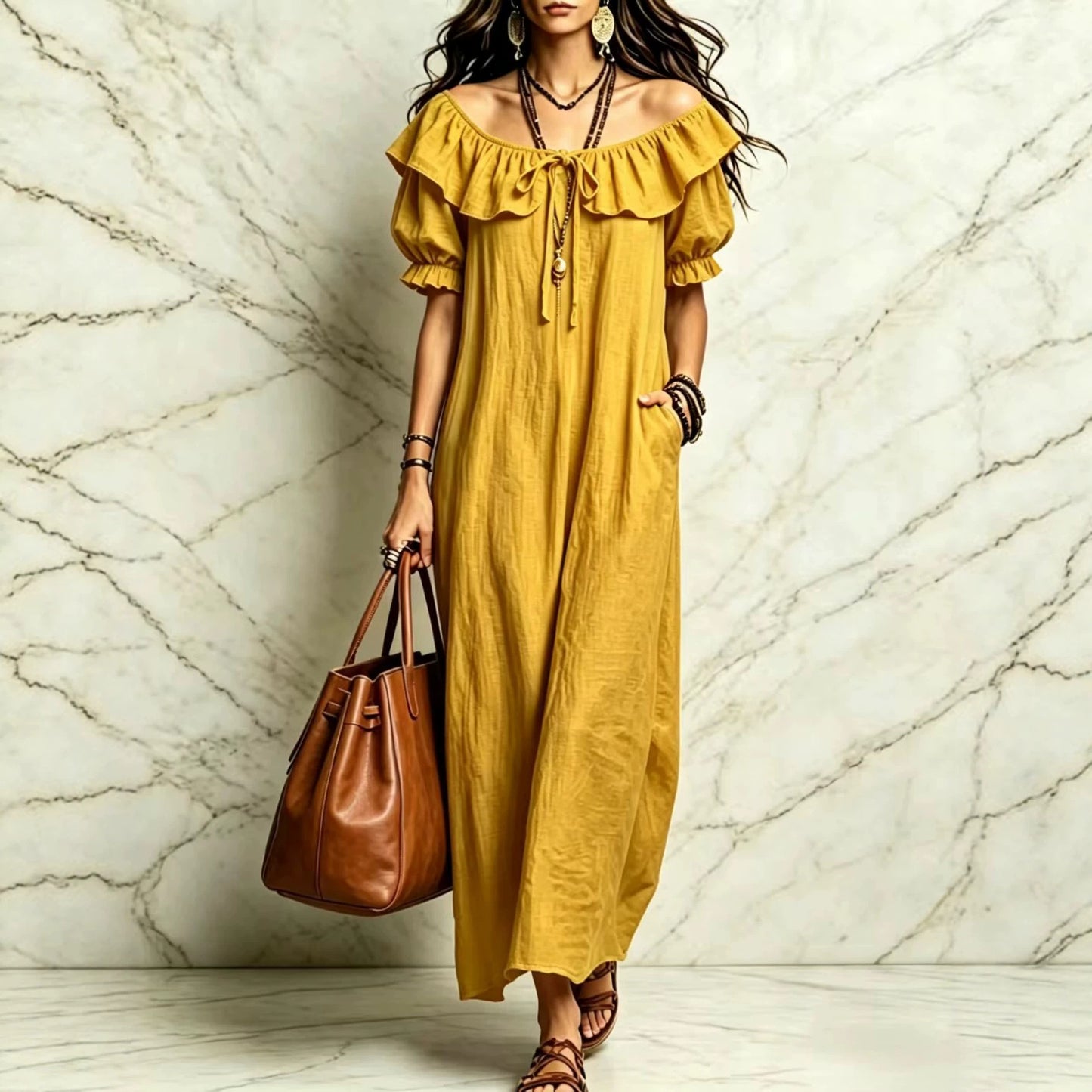 Loose Round Neck Ruffled Leisure Temperament Seaside Dress