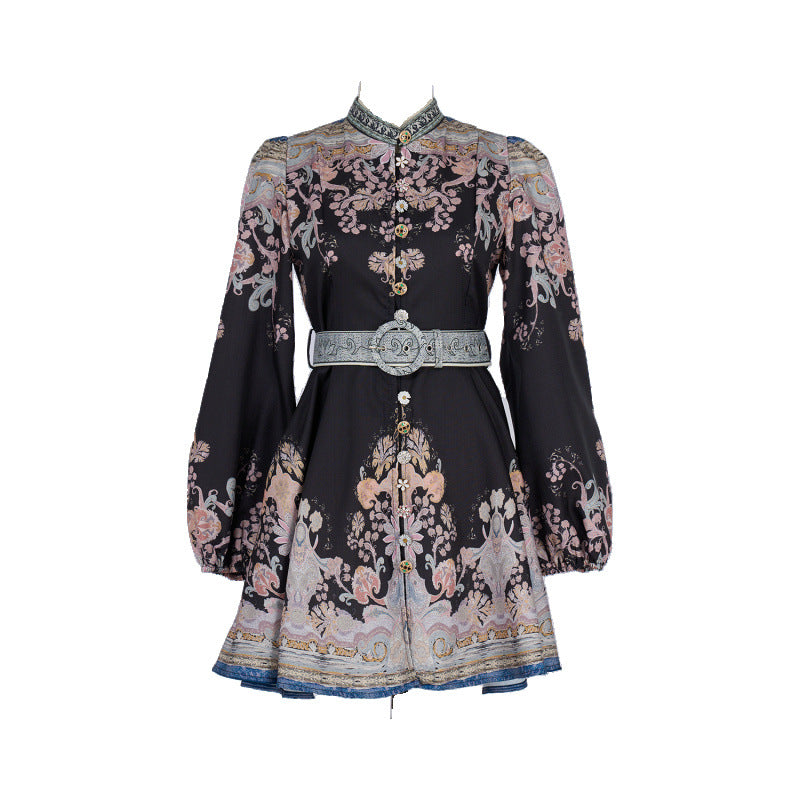 Design High Version Single-breasted Stand-up Collar Puff Sleeve Dresses