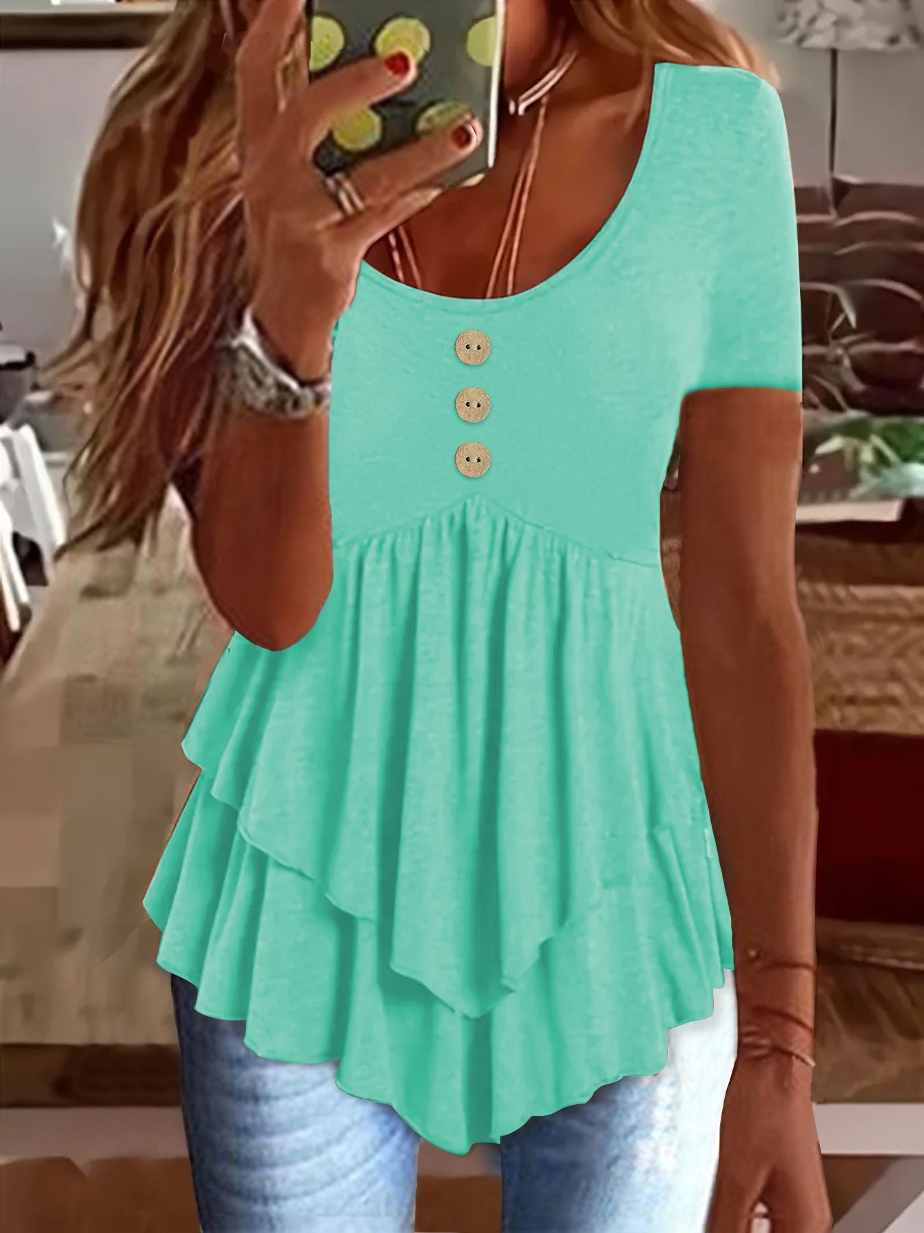Women's Fashion Button Casual Solid Color Sleeve Blouses