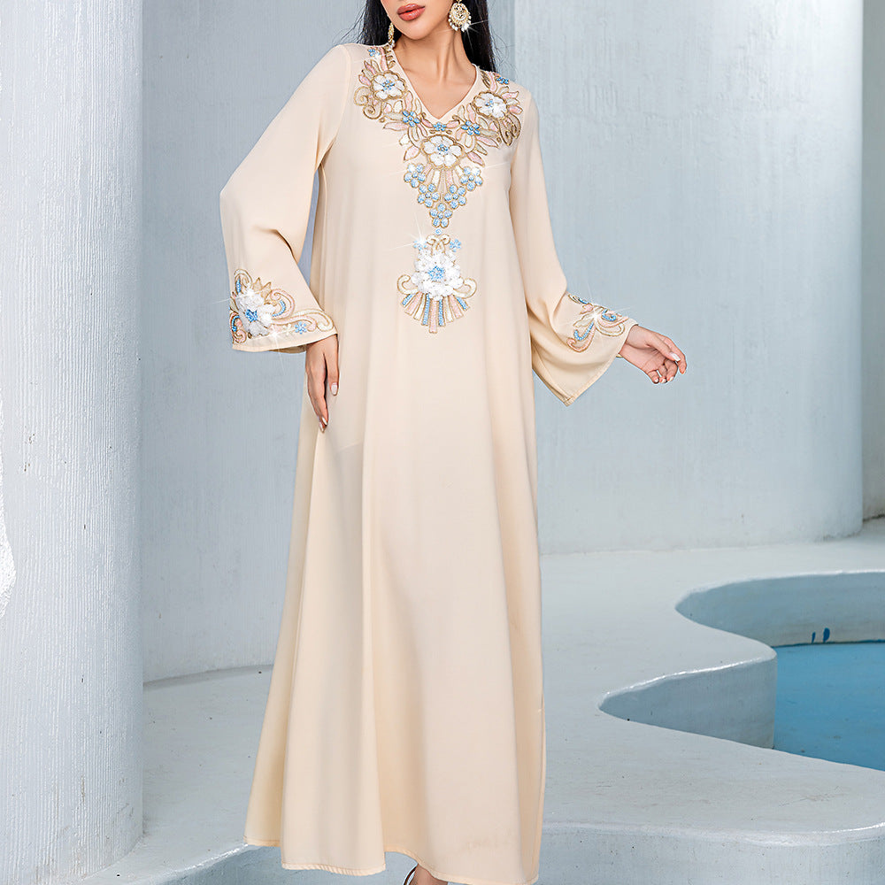 Apricot Loose Casual Three-dimensional Flower Embroidered Dresses