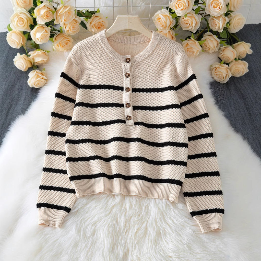 Women's Striped Pullover Fashion With Buttons Sweater