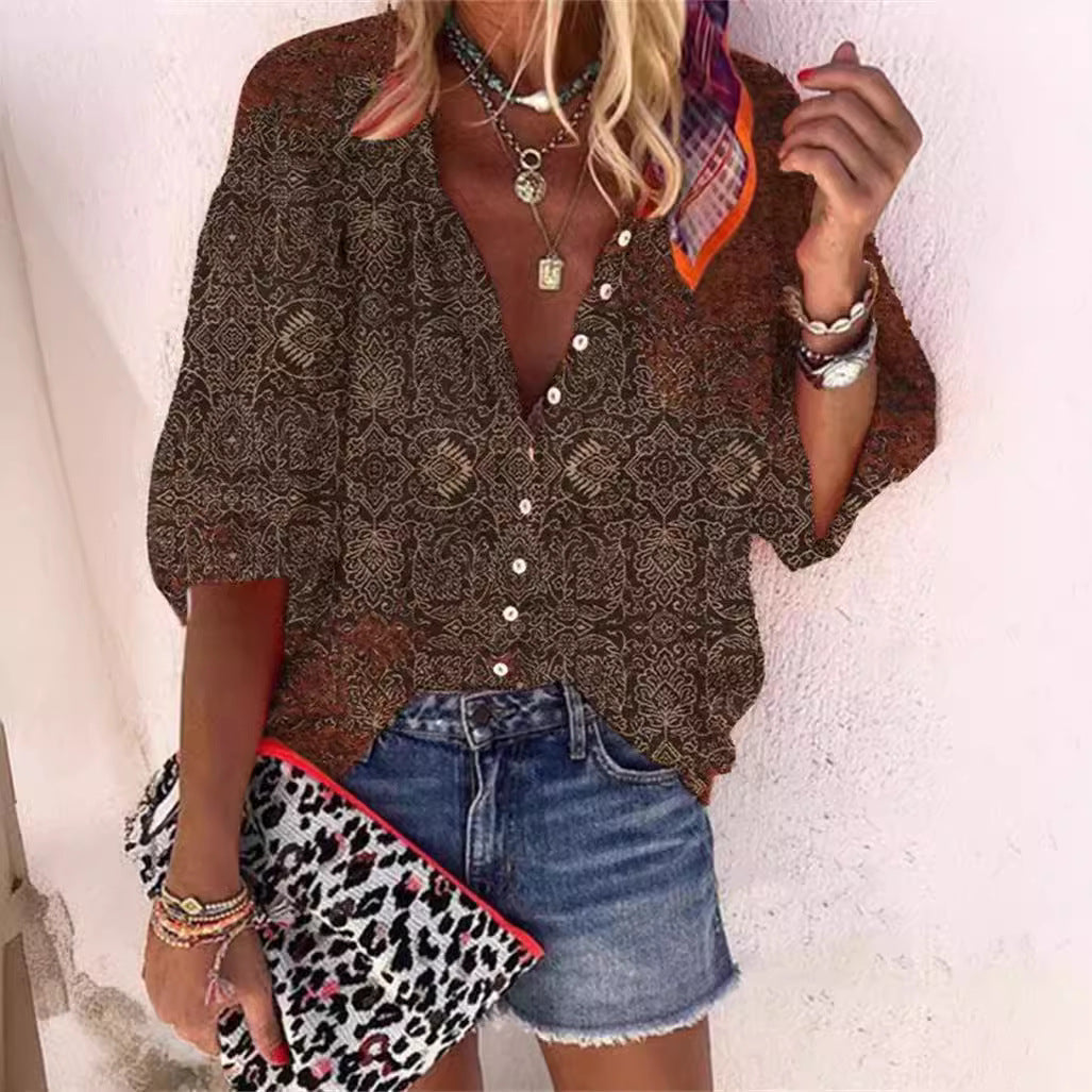 Women's Fashion Summer Stand Collar Loose Button Retro Blouses