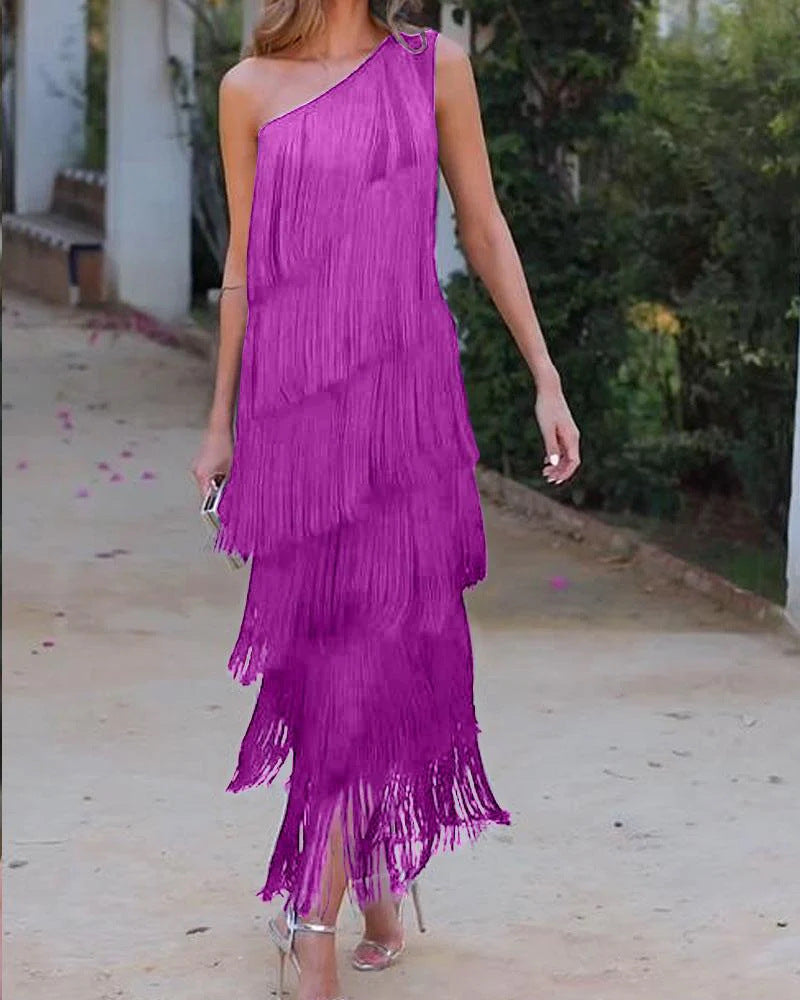 Trendy Fashion Tassel Shoulder Asymmetric Dress Dresses