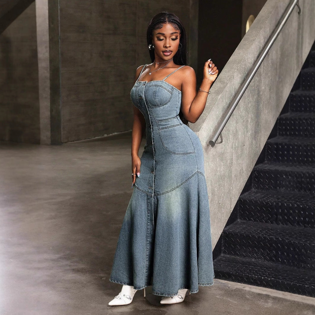 Fashionable Temperament Mid-length Single-breasted Suspender Denim Dresses