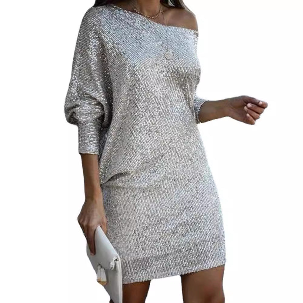 Women's Simple Fashion Mid-length Dress Oblique Shoulder Dresses