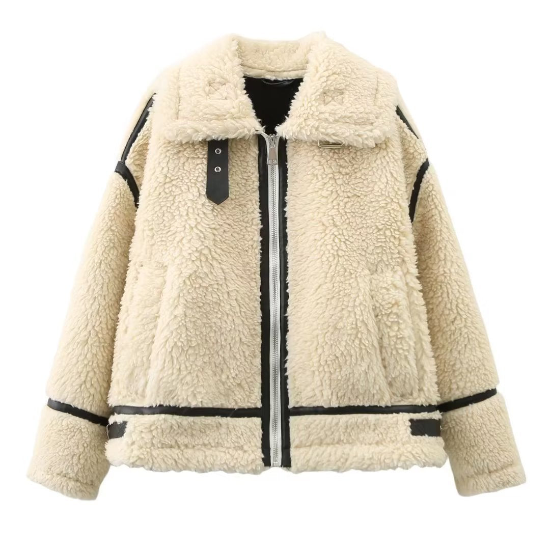 Lamb Wool Female Motorcycle Fur Integrated Coats