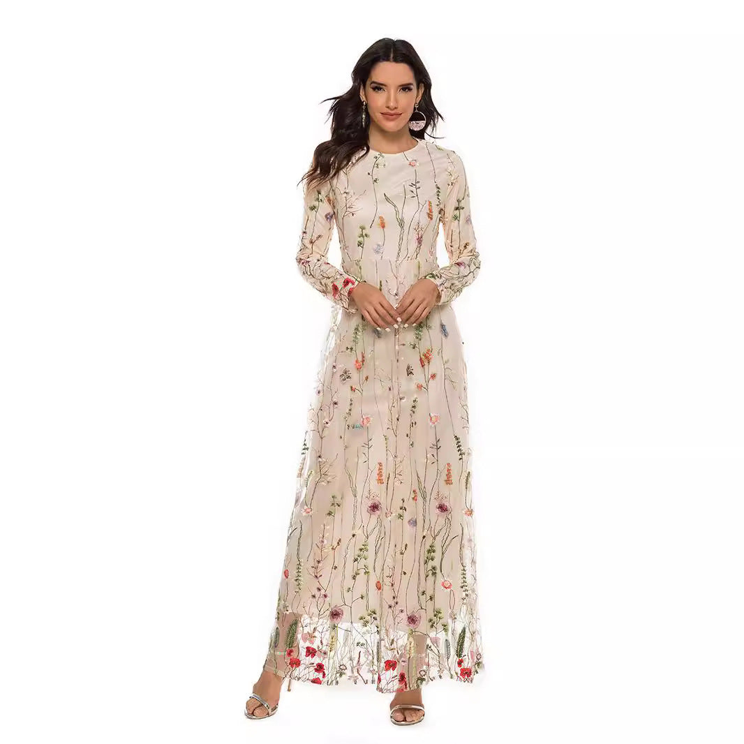 Embroidered Sweet Flowers Lace Long Fresh Dress