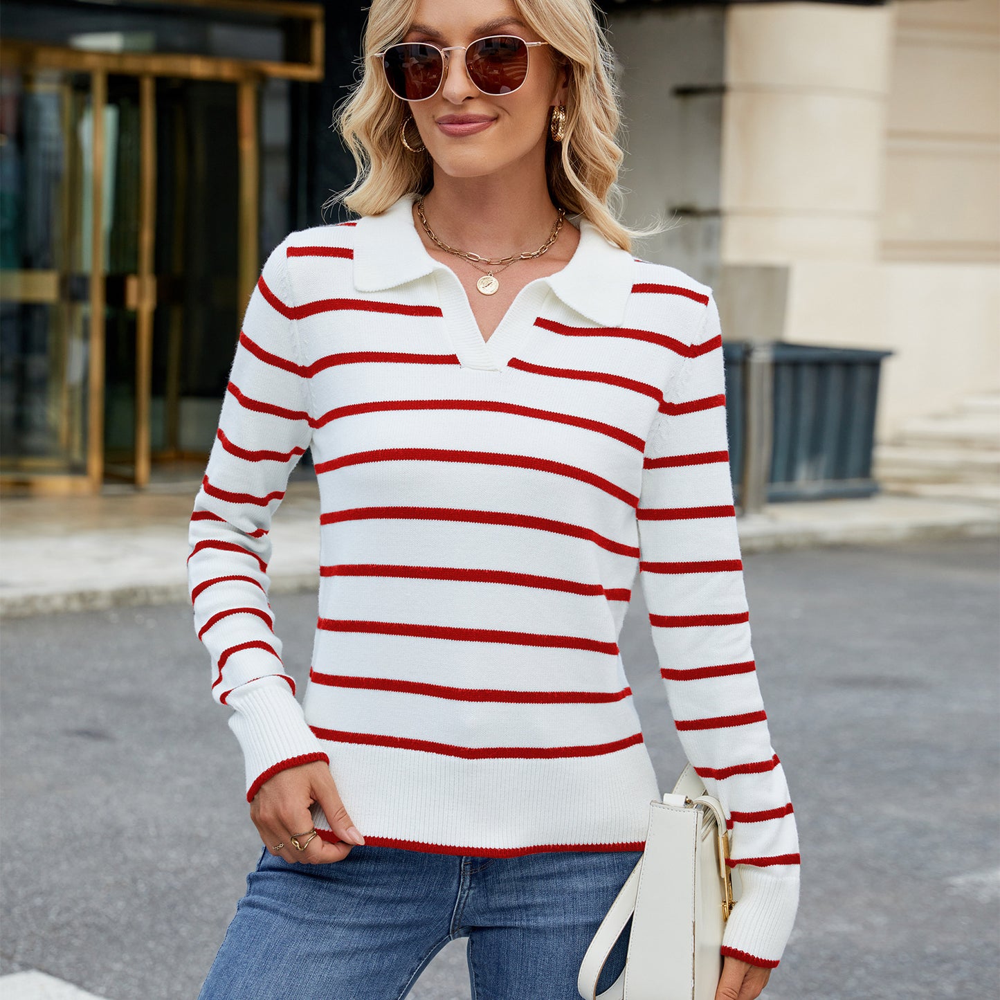 Innovative Trendy Women's Casual Striped Lapel Sweater
