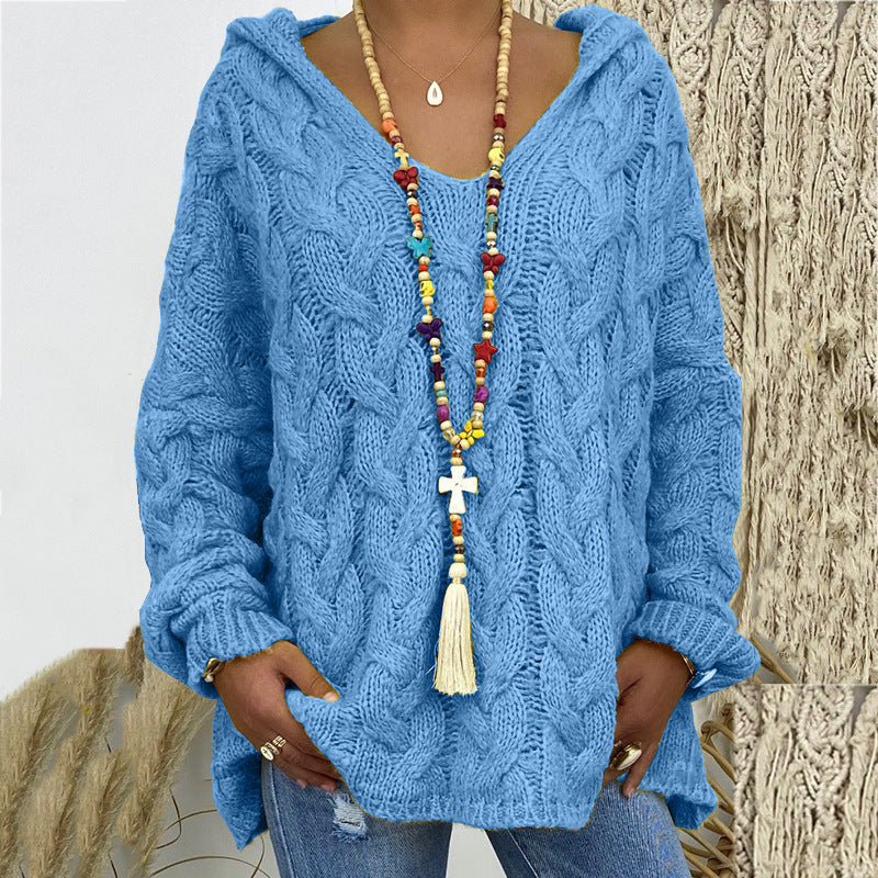 Women's Solid Color Twist Knitted Hoodie Sweater