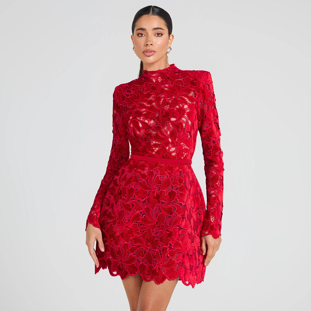 Women's Sleeve Zipper Lace Dress Red Christmas Dresses