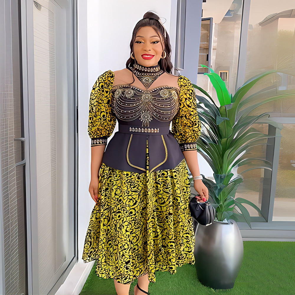Women's African Rhinestone Bubble Beads Drawstring Lace Dresses