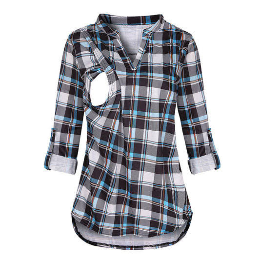 Plaid Printed Pregnant Woman Breastfeeding Long Blouses