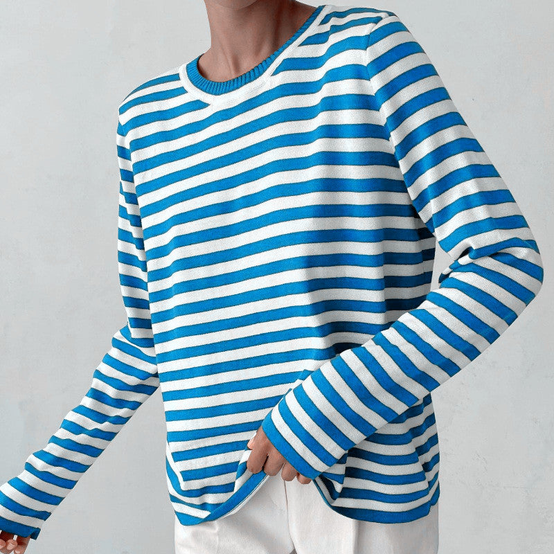 Women's Round Neck Knitted Striped Versatile Classic Retro Pullover Women's Sweater