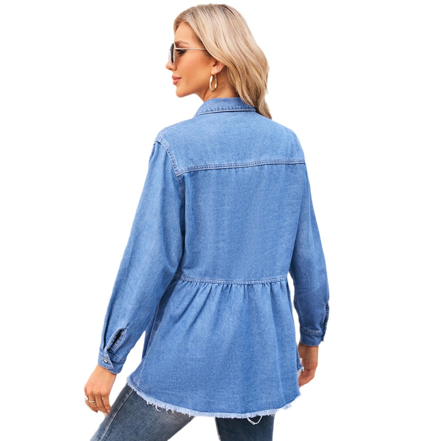 Women's Washed Long Sleeve Raw Edge Denim Tops